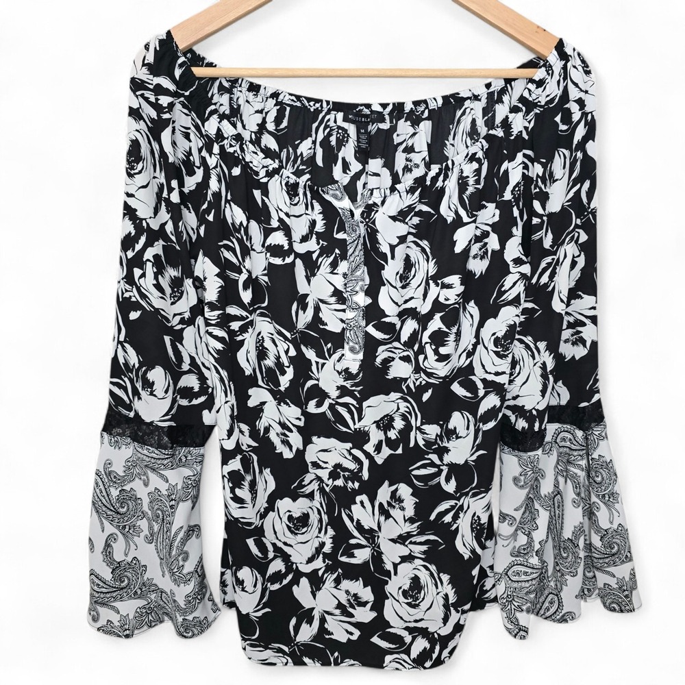 White House Black Market Top Womens Medium Black Floral Paisley Blouse WHBM